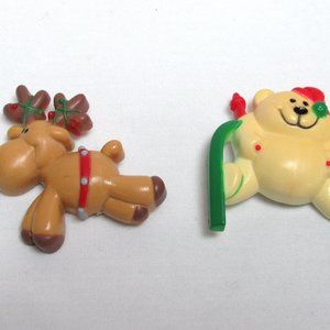 RUSS Children's PIN Set Lot of 2 Reindeer Skiing Teddy Bear Brooches Christmas